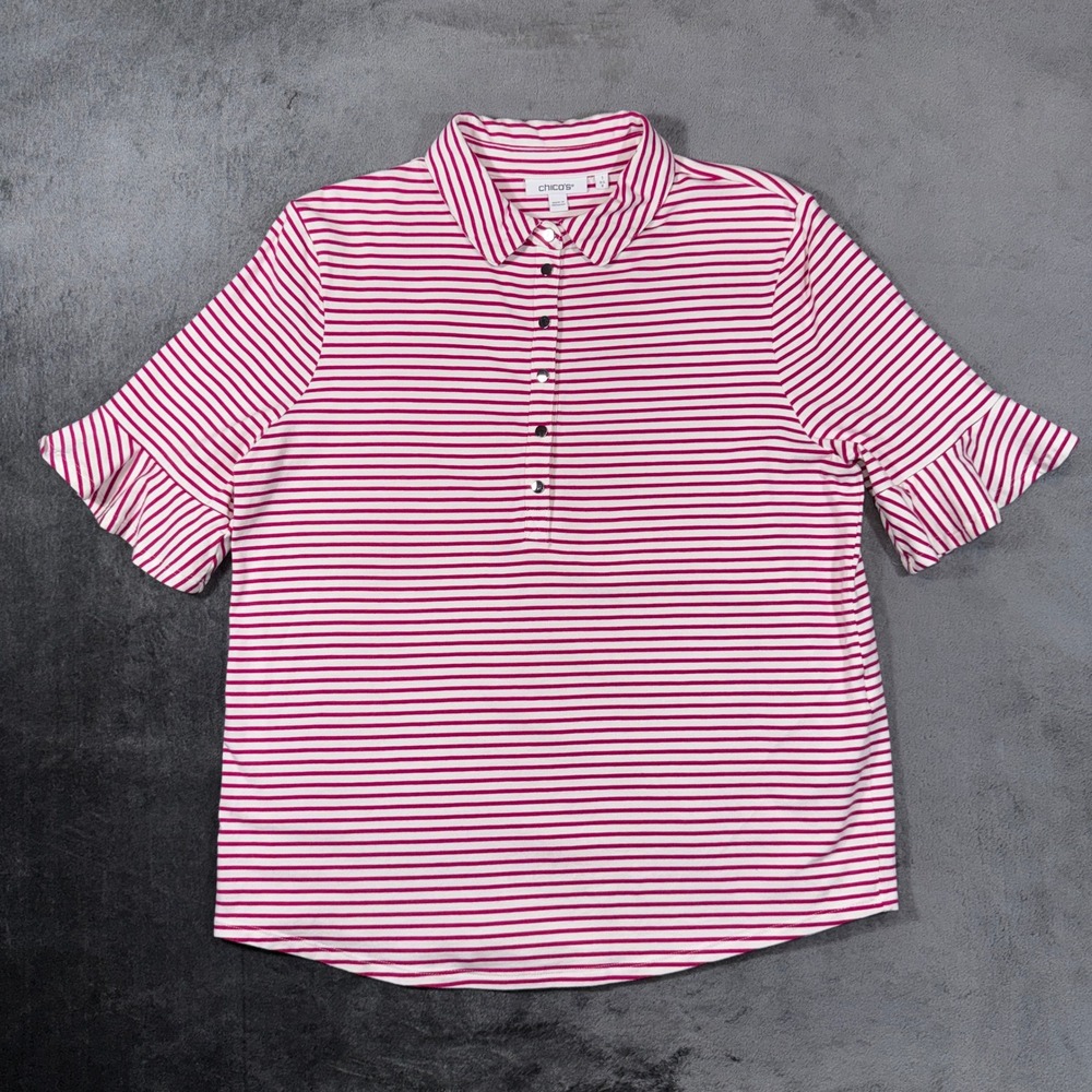 Chicos Pink White Striped Ruffle Sleeve Polo Top Size 1 US 8 570361887